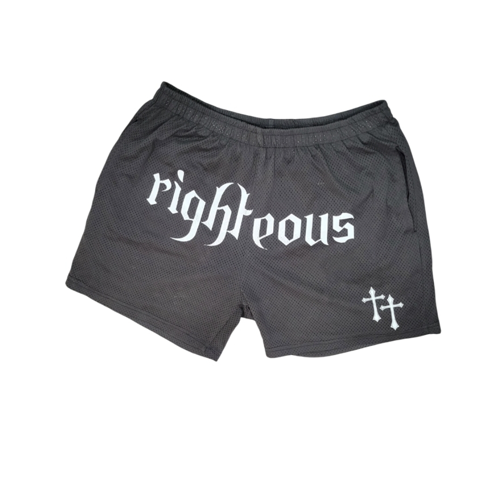 Black Mesh Shorts with White Print